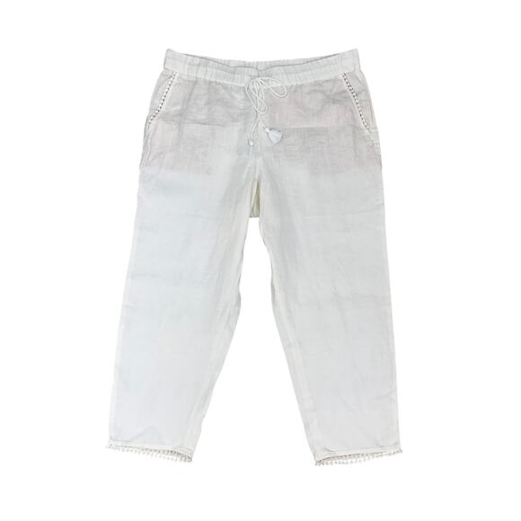 Talbots Pants Womens 4P Petite Snow Mid Rise Linen Elastic Waist Pom Pom Pocket - Picture 1 of 11